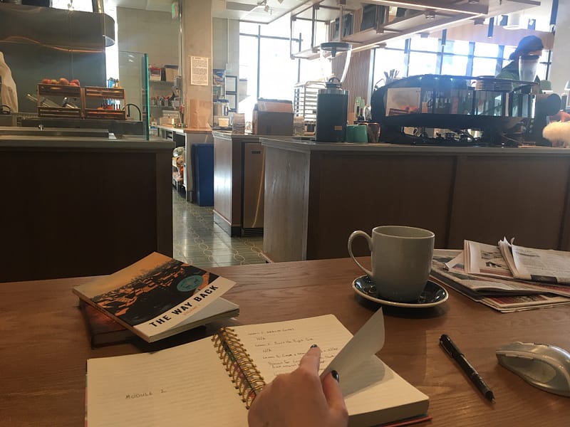 coffee shop with paper turning in book